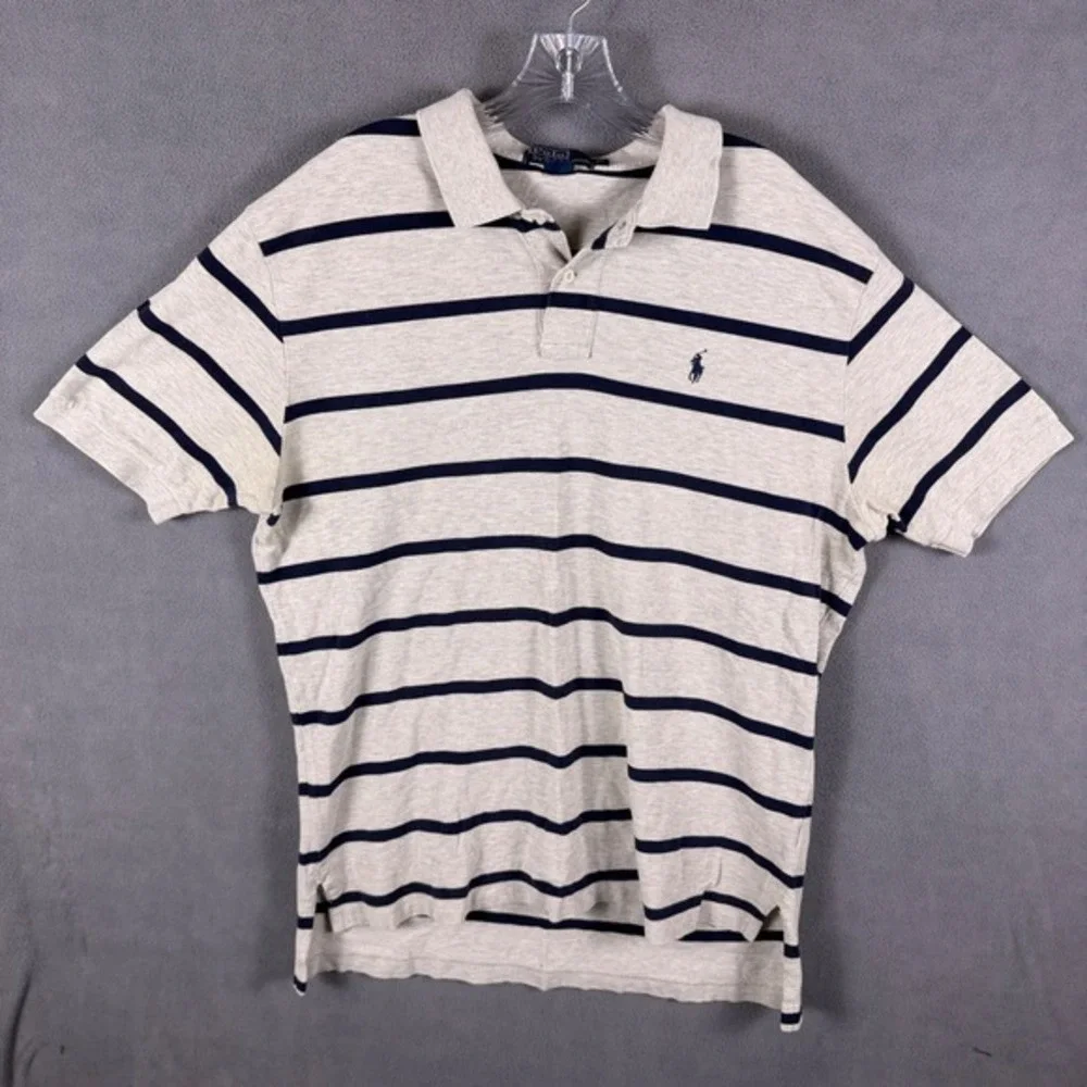 Vintage Polo Ralph Lauren Mens Polo‎ Shirt XL Gray & Navy Stripes Long Tail